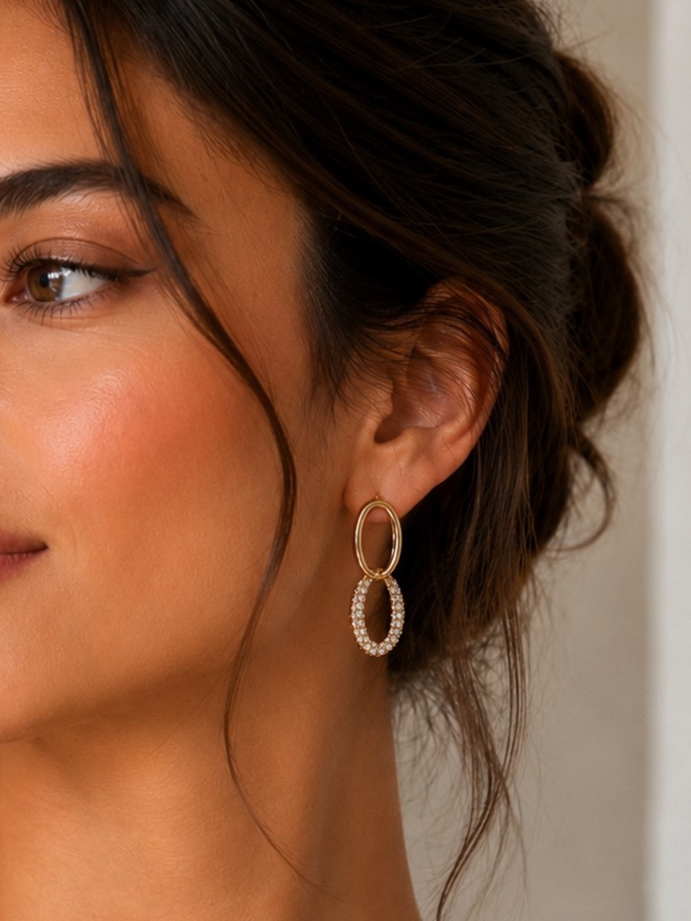 Gold Double Hoop Drop Earrings with Pavé Accent - Women’s Jewelry